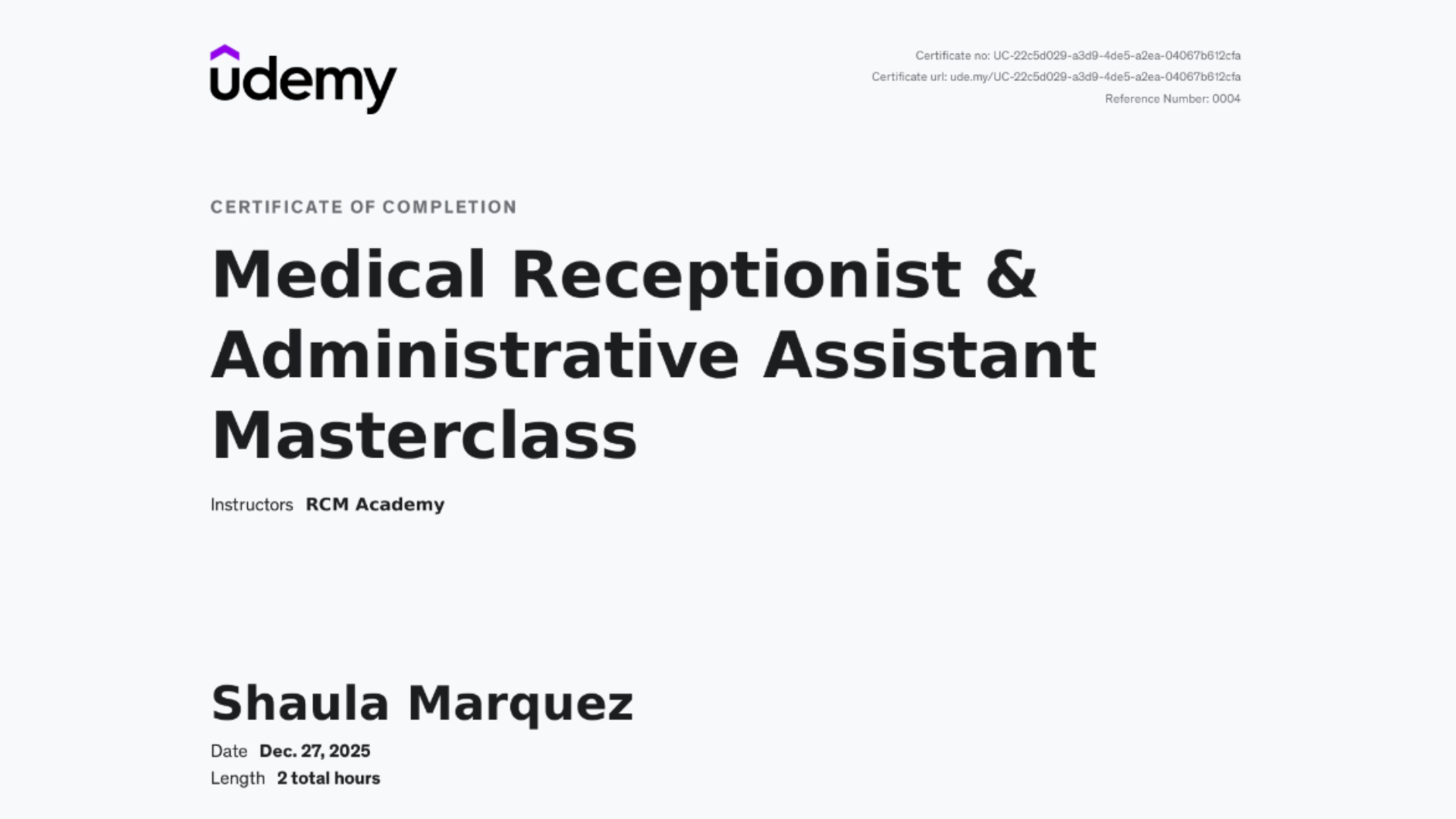 Medical Receptionist Cert
